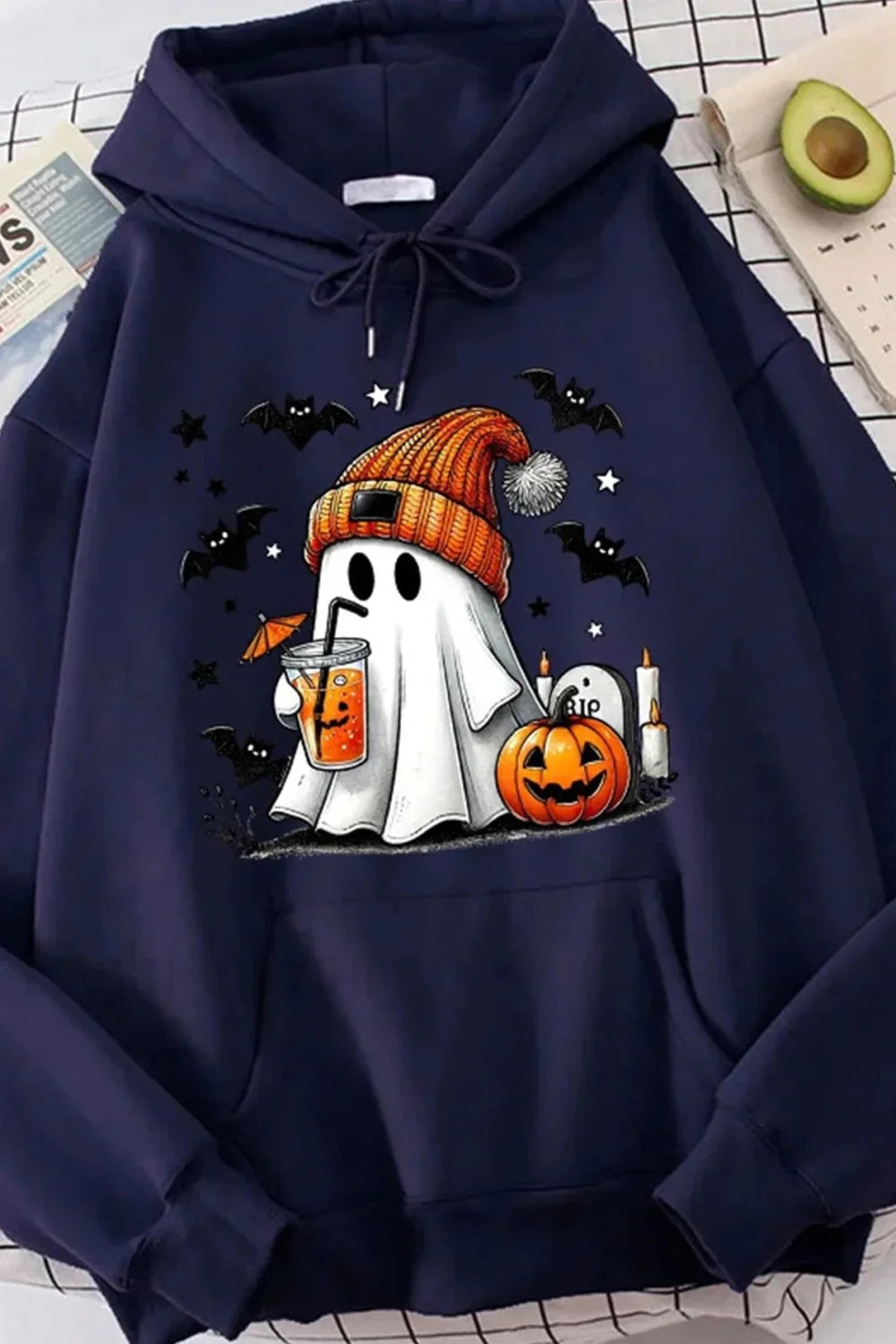 K Fashion Cartoon Doodle Hooded Hoodie Navy blue / S