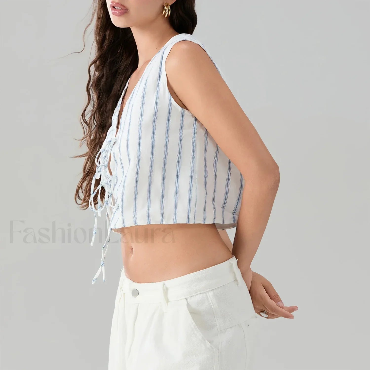 Kawaii Tie Knot Front Striped V Neck Sleeveless Bandage Crop Top