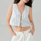 Kawaii Tie Knot Front Striped V Neck Sleeveless Bandage Crop Top white / S