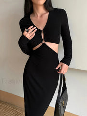 Keyhole Cutout Long Trendy Sleeve Long Knit Dress Knit Dresses