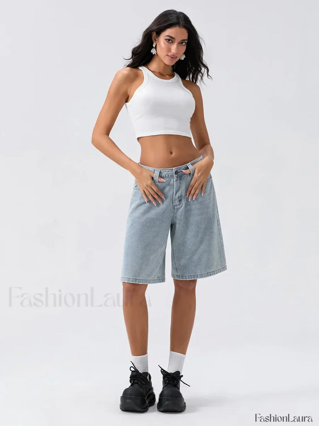 Knee Length Denim Low Rise Wide Leg Casual Streetwear Short