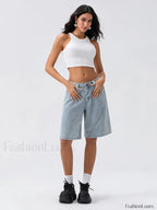 Knee Length Denim Low Rise Wide Leg Casual Streetwear Short