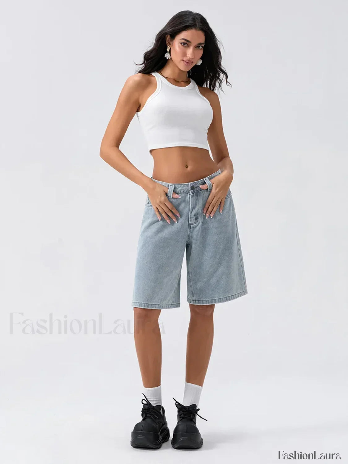 Knee Length Denim Low Rise Wide Leg Casual Streetwear Short