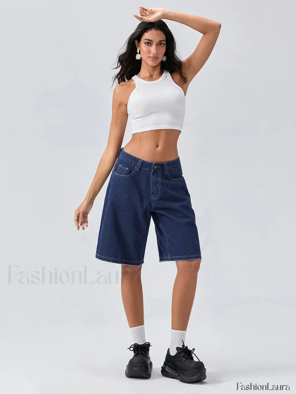Knee Length Denim Low Rise Wide Leg Casual Streetwear Short