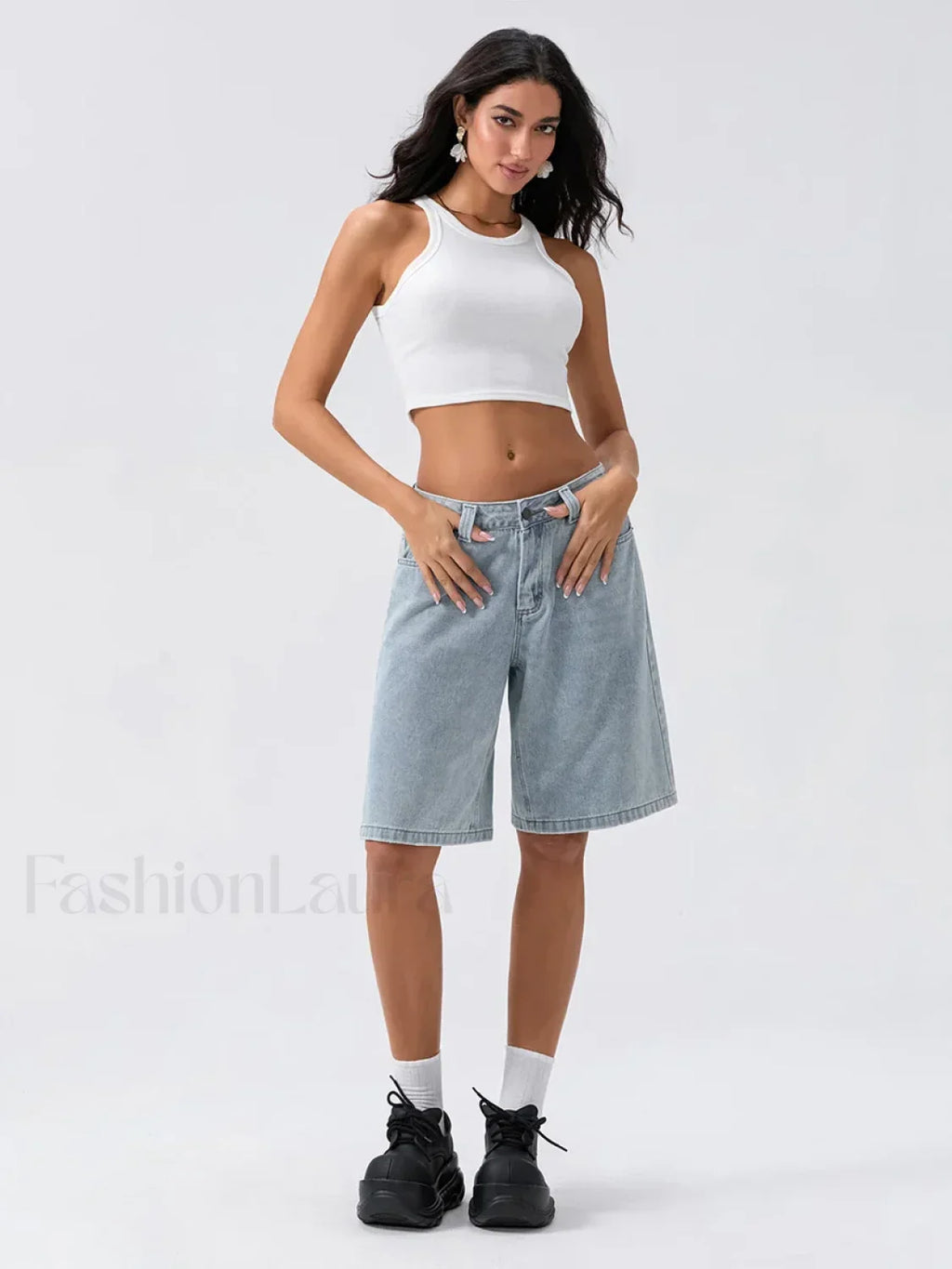 Knee Length Denim Low Rise Wide Leg Casual Streetwear Short