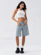 Knee Length Denim Low Rise Wide Leg Casual Streetwear Short