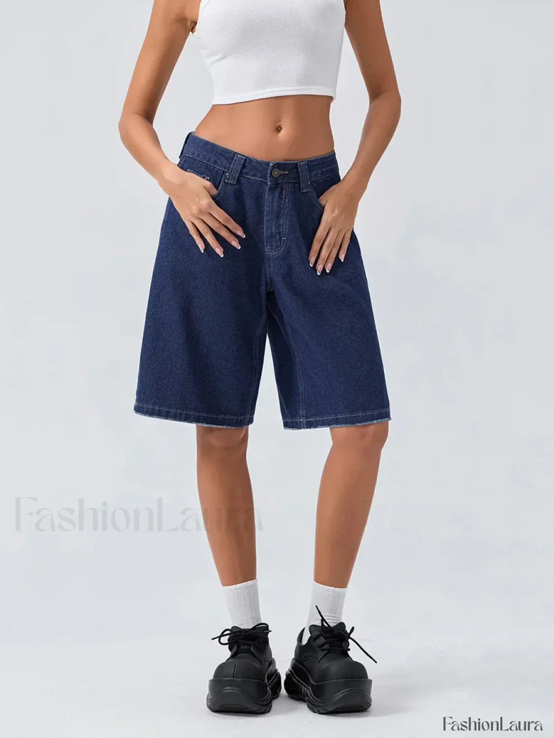 Knee Length Denim Low Rise Wide Leg Casual Streetwear Short