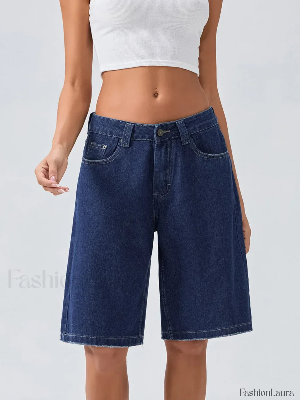 Knee Length Denim Low Rise Wide Leg Casual Streetwear Short DEEP BLUE / S