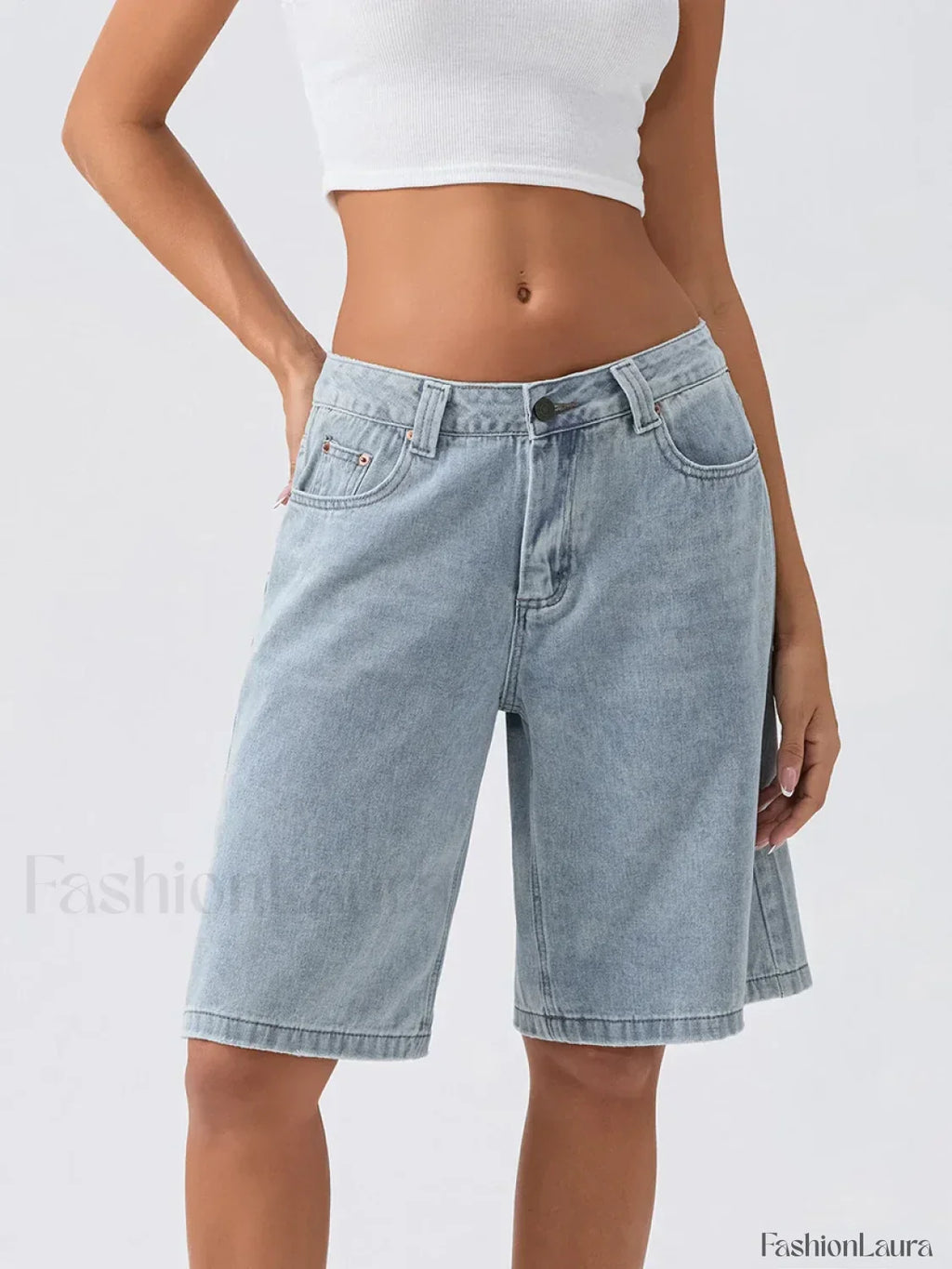 Knee Length Denim Low Rise Wide Leg Casual Streetwear Short Light Blue / S