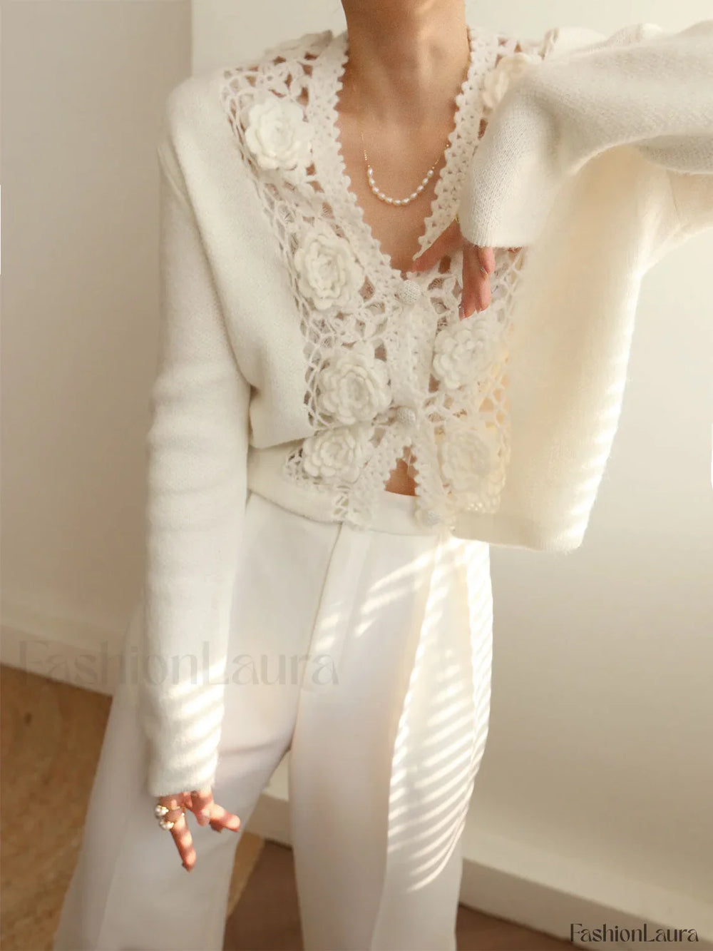 Knit Floral Crocheted Trendy Hollow V neck Cardigan Sweaters L