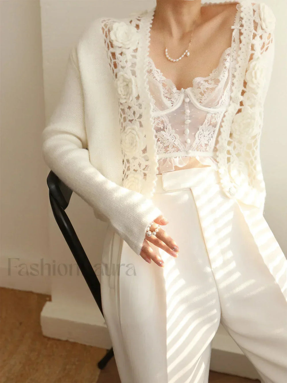 Knit Floral Crocheted Trendy Hollow V neck Cardigan Sweaters L