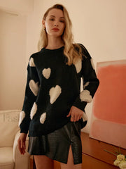Knit Heart Pattern Trendy Crew Neck Sweater Black / S Sweaters L