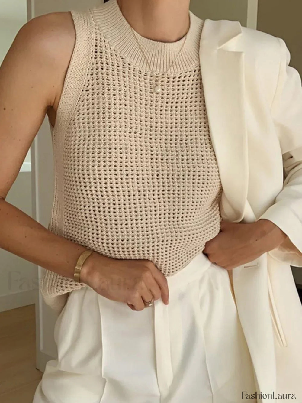 Knit Hollow Graceful Solid Vest Apricot / XS Tank Tops & Camis