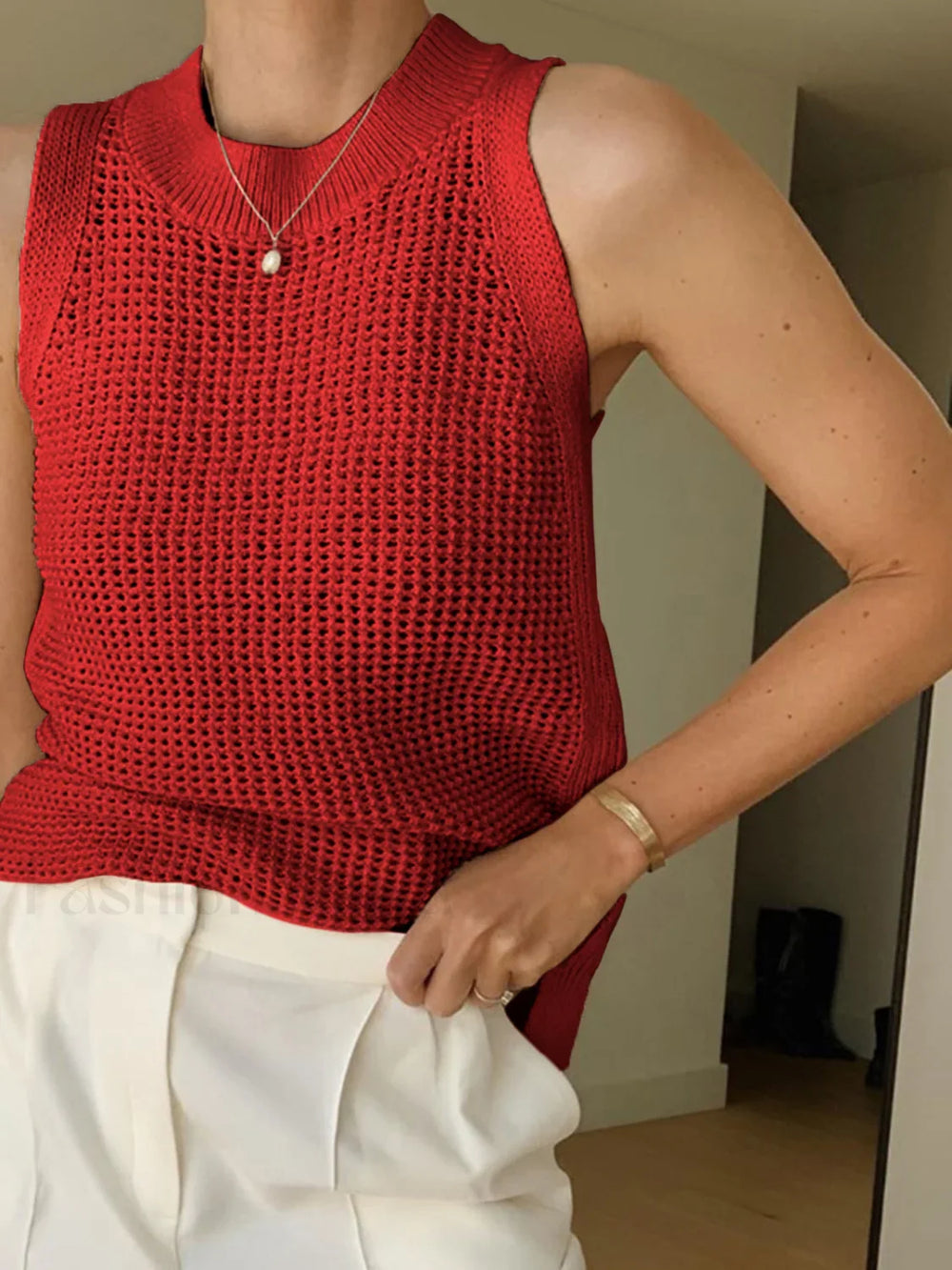 Knit Hollow Solid Tank Top Red / XS Tank Tops & Camis