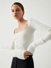 Knit Patchwork Fuzzy Cuff Modern Square Neck Long Sleeve Top Sweaters L