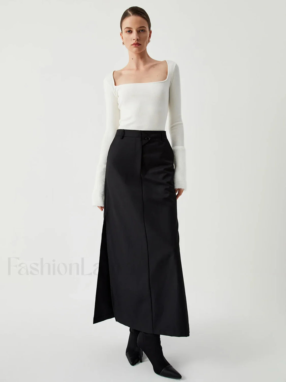 Knit Patchwork Fuzzy Cuff Modern Square Neck Long Sleeve Top Sweaters L