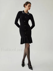 Knit Ruffled Hem Long Modern Sleeve Collar Mini Sweater Dress Sweaters L