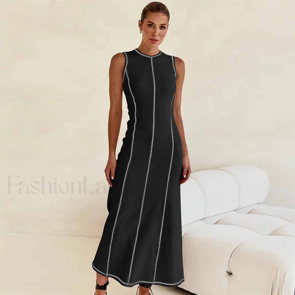 Knit Sleeveless A Line Retro Work Dress Black / S