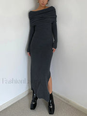 Knit Split Overfold Trendy Sweater Midi Dress Grey / S Sweaters L