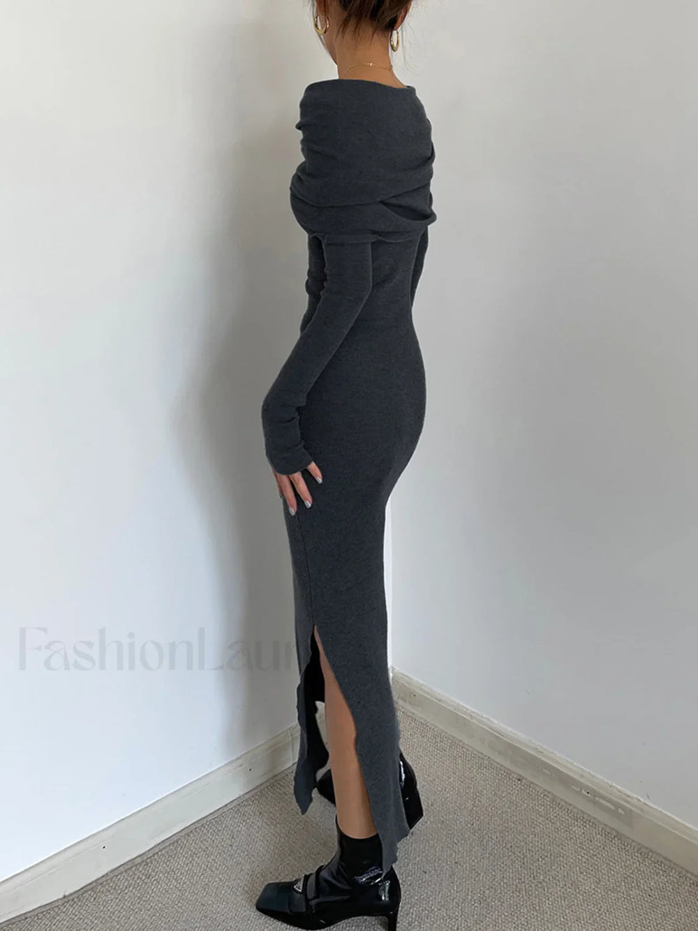 Knit Split Overfold Trendy Sweater Midi Dress Sweaters L