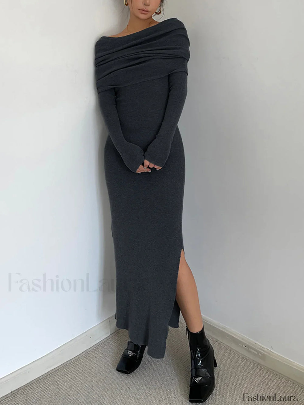 Knit Split Overfold Trendy Sweater Midi Dress Sweaters L
