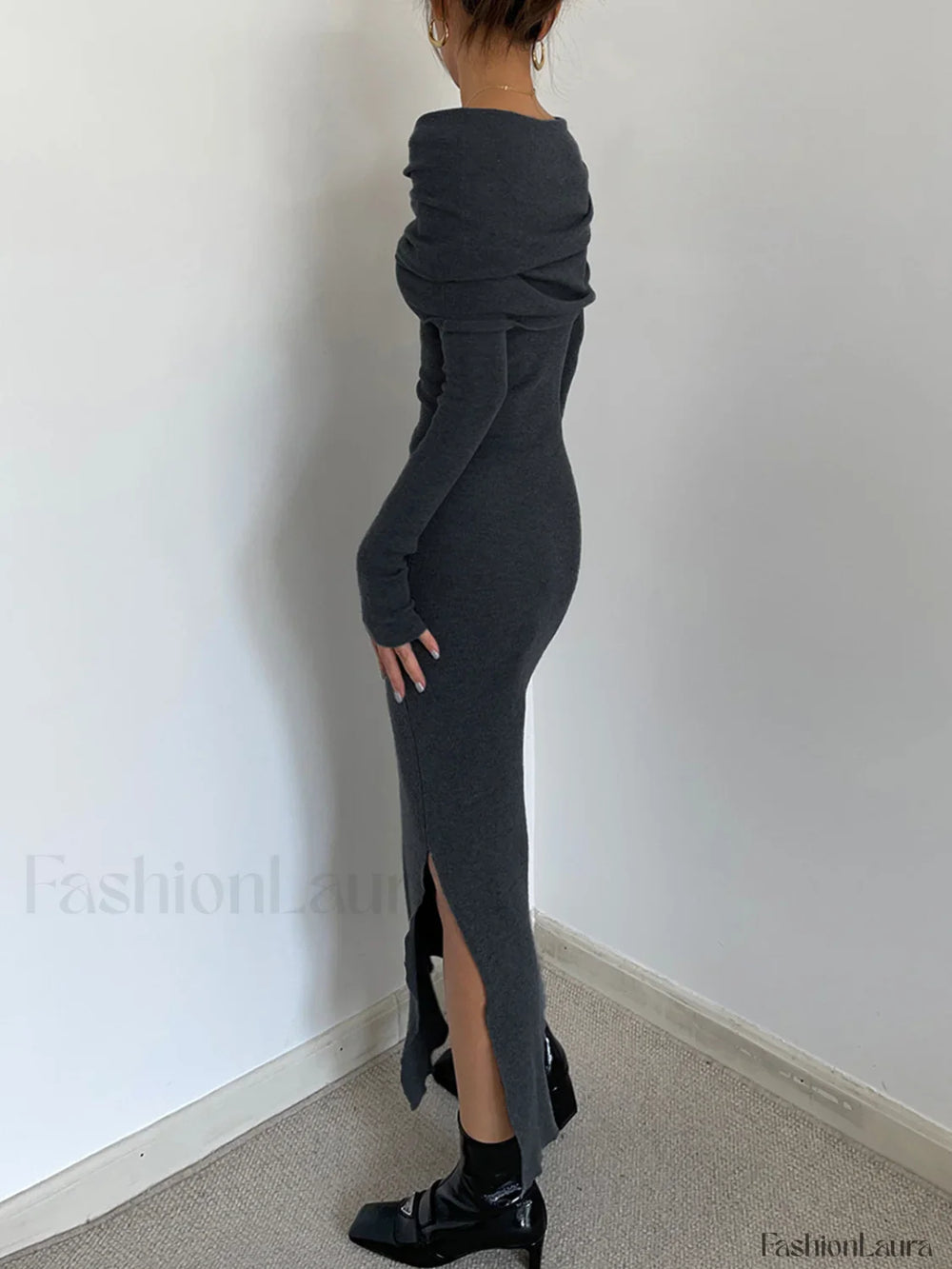 Knit Split Overfold Trendy Sweater Midi Dress Sweaters L