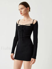 Knit Tied Cutout Long Modern Sleeve Short Sweater Dress Black / XS Sweaters L