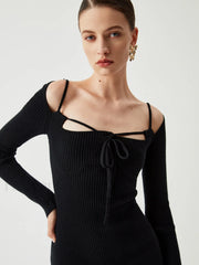 Knit Tied Cutout Long Modern Sleeve Short Sweater Dress Sweaters L