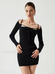 Knit Tied Cutout Long Modern Sleeve Short Sweater Dress Sweaters L