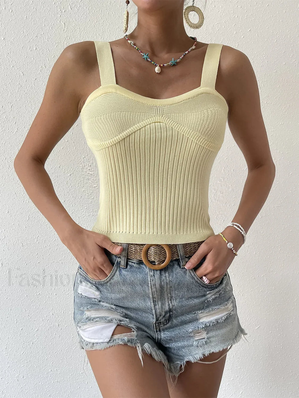 Knitted Backless Halter Crop Top Apricot / S