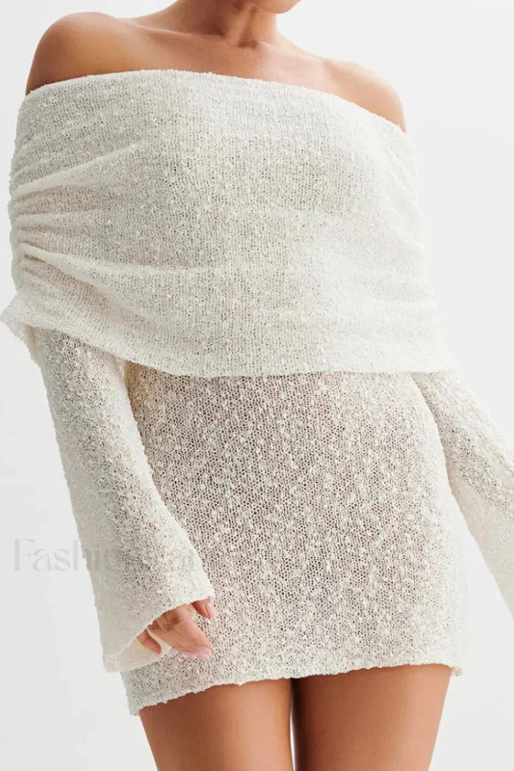 Knitted Hollow Off Shoulder Long Sleeve Mini Dress White / S