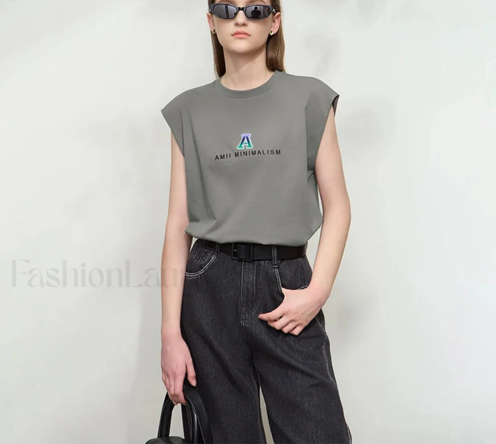 Knitted Letter Embroidered Loose T Shirt Grey / S