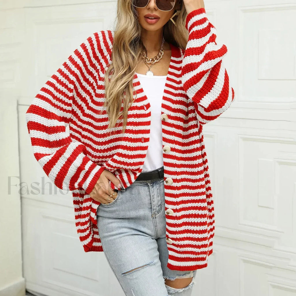 Knitted Long Sleeve Cardigan Christmas Sweater Autumn Winter Warm Casual Red / S Christmas Sweaters L