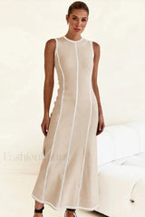 Knitted Sleeveless Round Neck A Line Slip Dress Apricot White / S