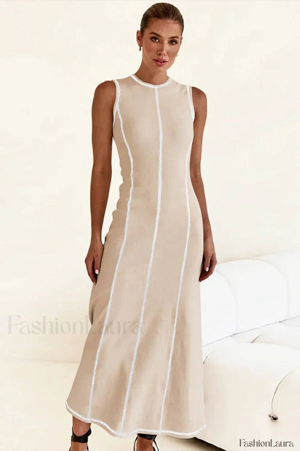 Knitted Sleeveless Round Neck A Line Slip Dress Apricot White / S