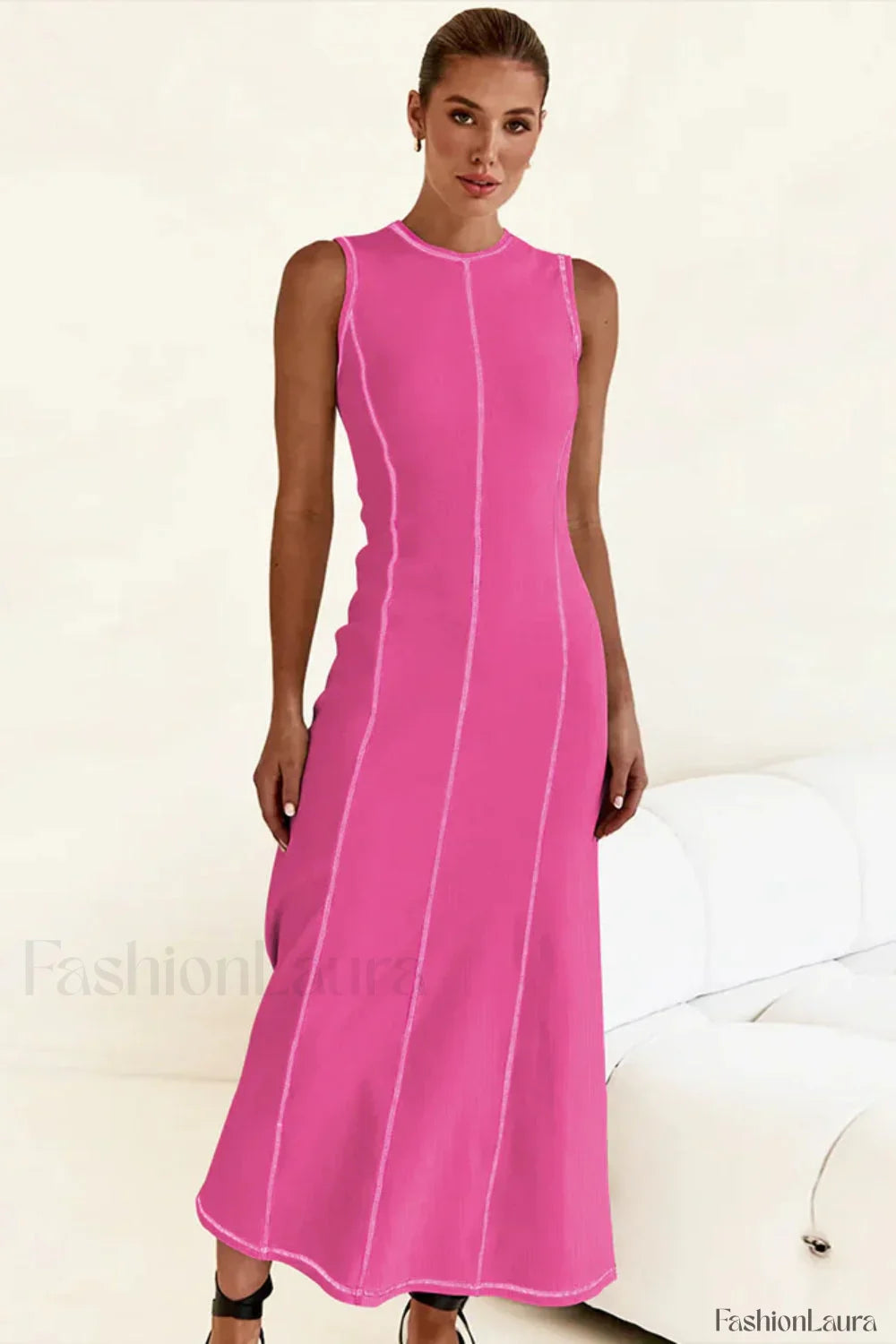 Knitted Sleeveless Round Neck A Line Slip Dress Rose Red / S