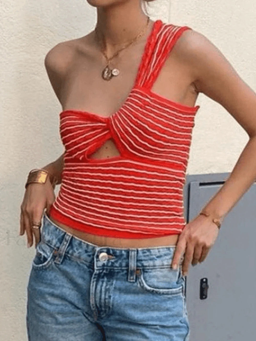 Knitted Stripe One Shoulder Tank Top Tops&Tees