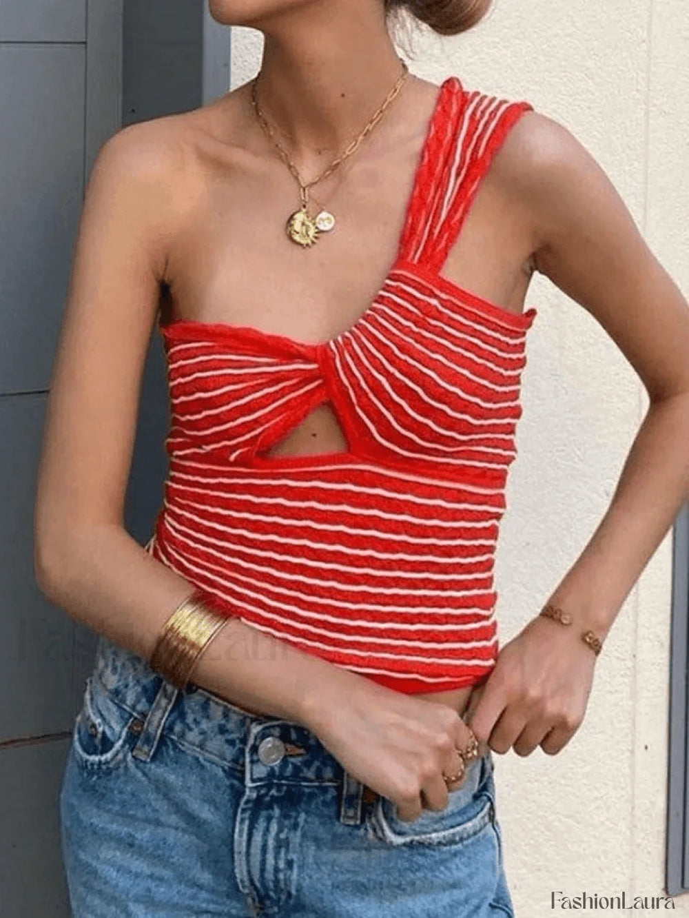 Knitted Stripe One Shoulder Tank Top Tops&Tees