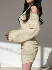 Knitted V Neck Long Sleeve Mini Dress Mini Dresses