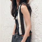 Knitted Waistcoat Autumn Stripes Bow Lace Up Crop Top
