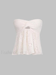 Knot Front Knit Embroidered Tube Top White / S Tops&Tees