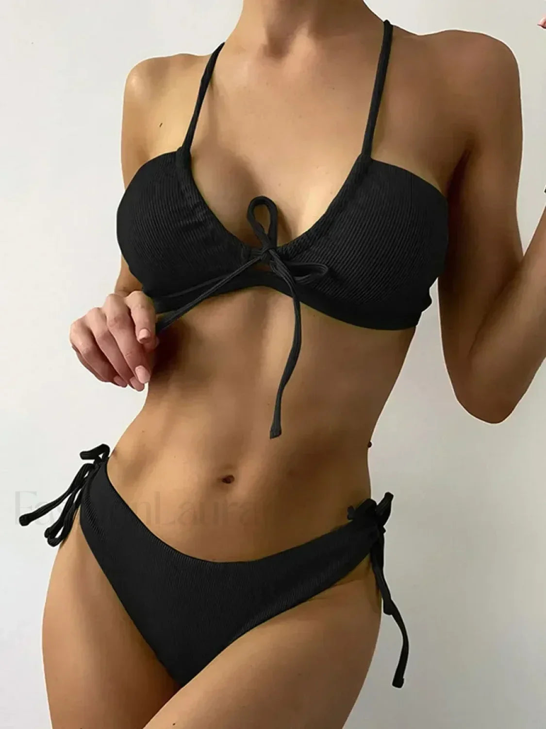 Knotted Tie Ribbed Bikini Set black / S