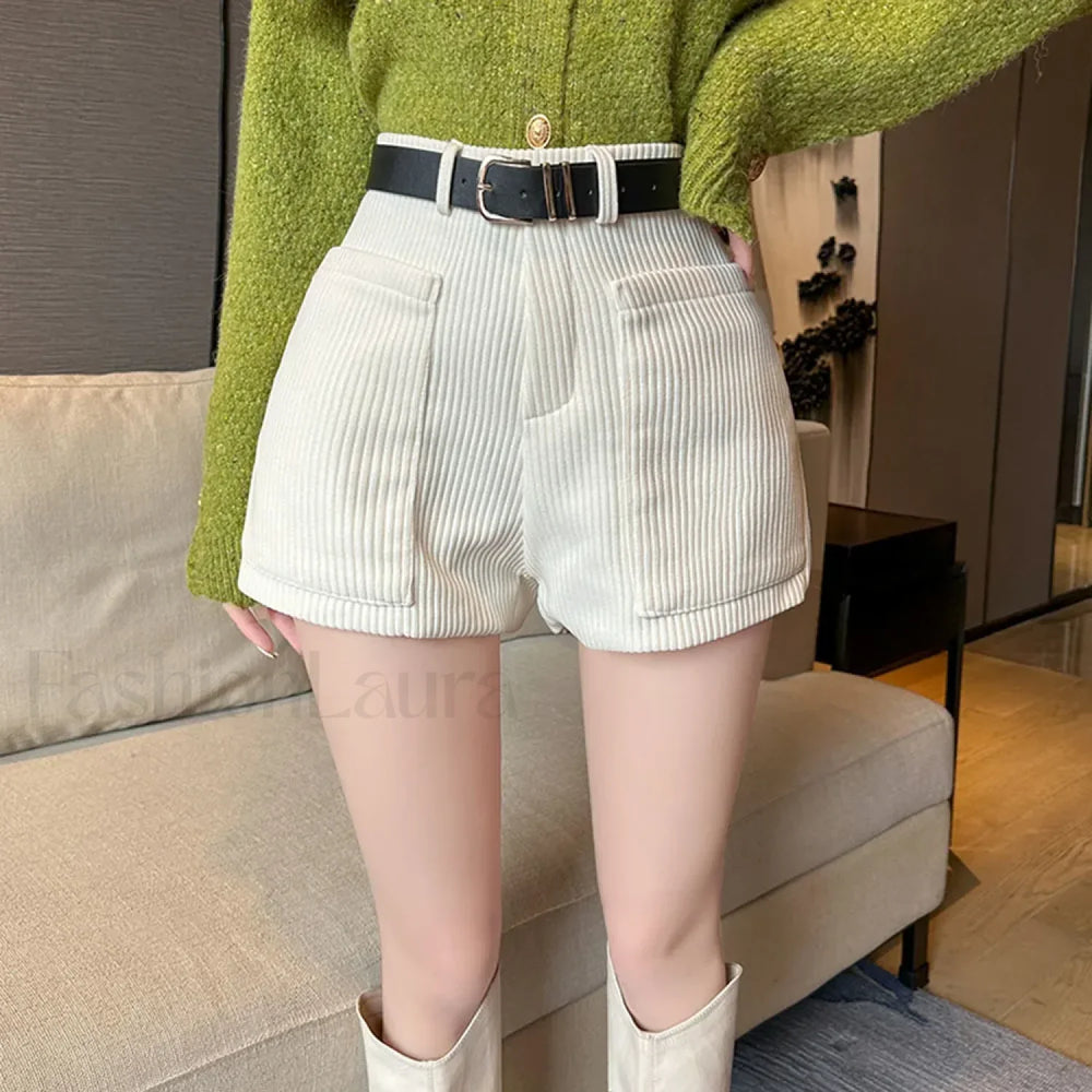 Korean Chic Pocket Office Lady Corduroy Shorts WHITE / S