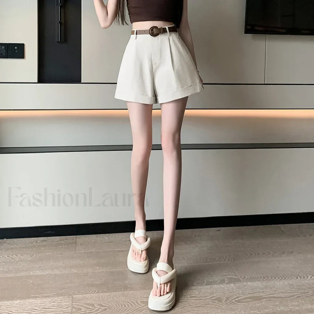Korean Chic Rolled High Waist A line Loose Shorts APRICOT / S