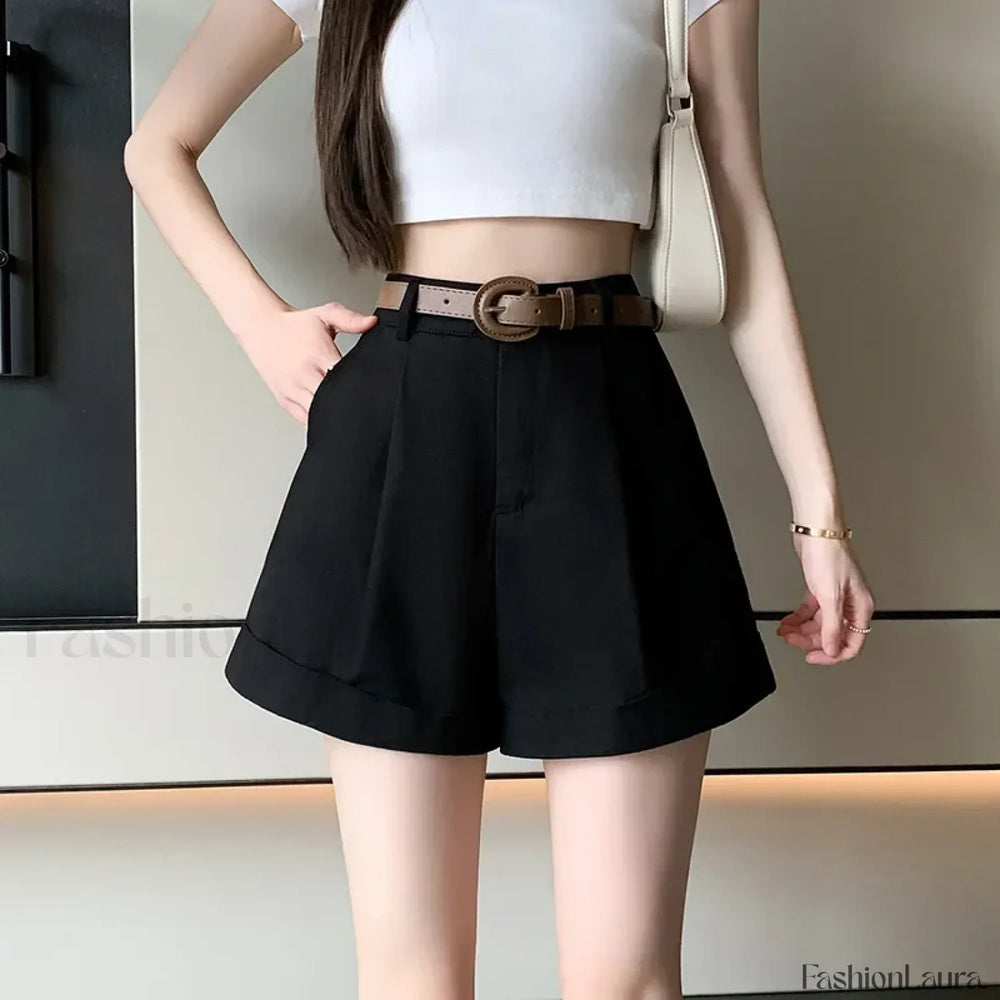 Korean Chic Rolled High Waist A line Loose Shorts Black / S