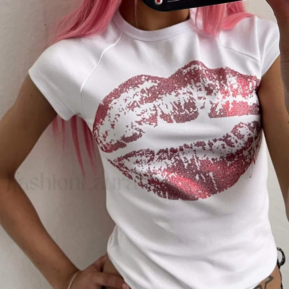 Kpop Y2k Lips Rhinestone 2000s Vintage Baby Tee WHITE / S