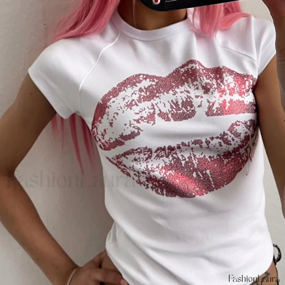 Kpop Y2k Lips Rhinestone 2000s Vintage Baby Tee WHITE / S