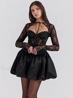 Lace Bandage See Through Mini Dress Black Sets / S