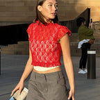 Lace Cap Sleeve Mesh Crop Top