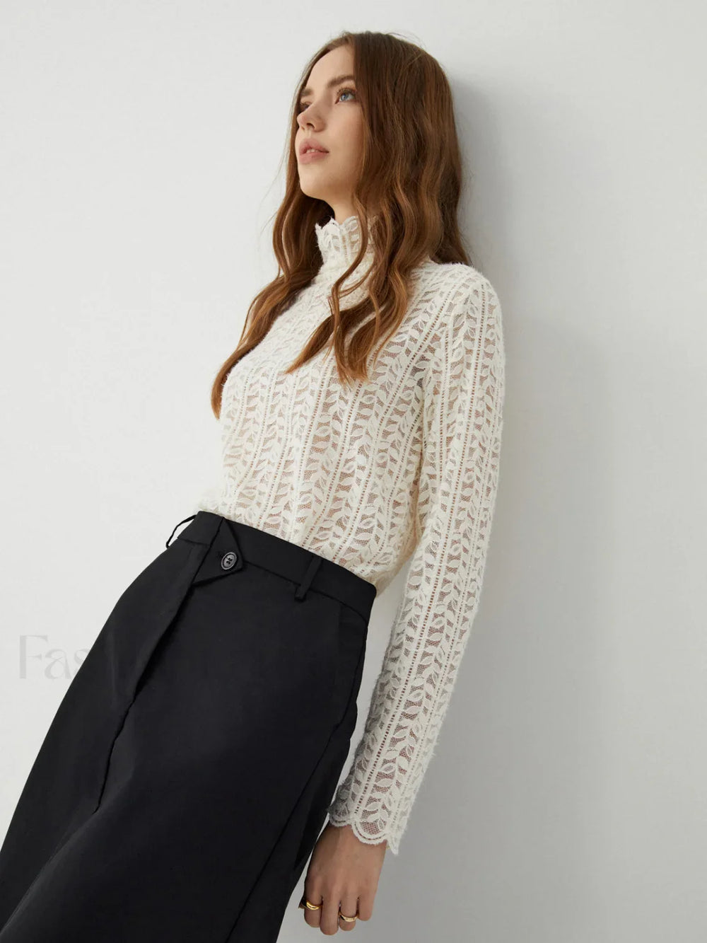 Lace Floral Graceful Pattern Mockneck Top Apricot / S T Shirts